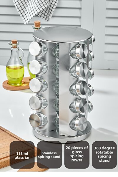 vipgross طقم توابل زجاجي قابل للدوران 360 درجة مع حامل ستانلس - وعاء توابل 20 قطعة - دائري كروم 20 قطعة