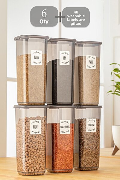 Meleni Home Set de 6 recipiente pentru condimente de dimensiuni mega cu etichete - Set de condimente pătrate cu capace Recipient de depozitare 6x1700 ml