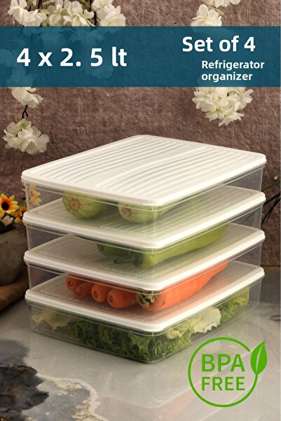 Leila 4 Pcs White Lid Storage Container, Refrigerator Organizer Microwave and Freeze Suitable 10Lt