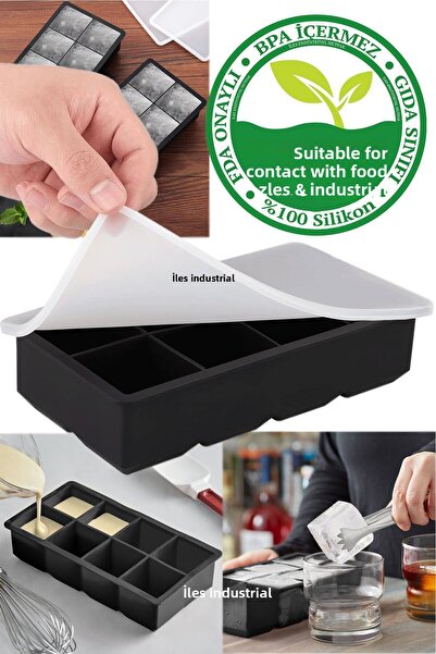 Eysigo قالب ثلج سيليكون فاخر - مع غطاء، 8 أقسام، أسود
