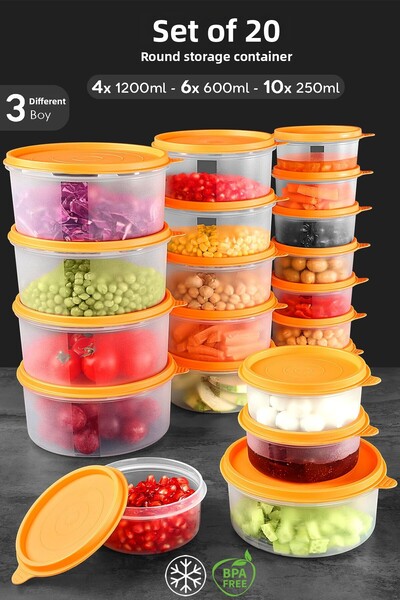 Meleni Home Set of 20 Orange Food Container - Round Food Storage, 10X250/6X600/4X1200Ml