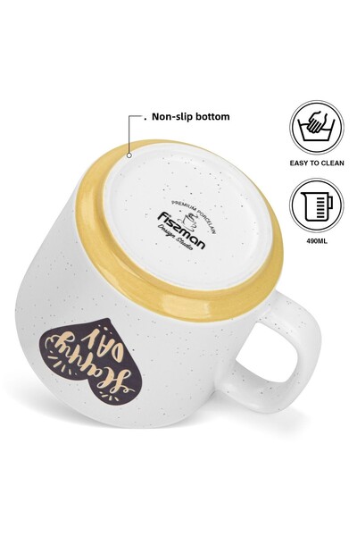 Fissman 2-Piece Printed Coffee Mug 490mL ''HAPPY DAY WITH HEART'', Ceramic Coffee Mug with Handle