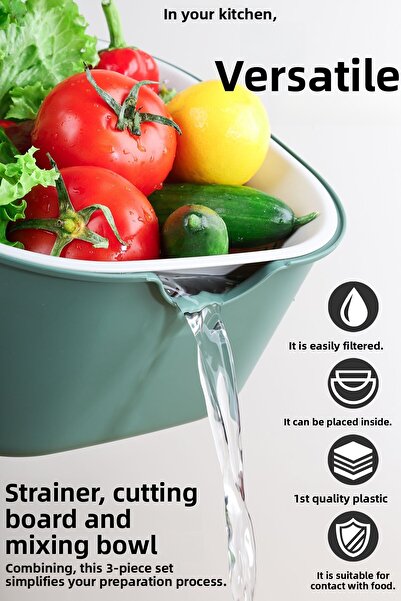 Meleni Home 9 Pieces Green Kitchen Set - Cutting Board with Mixing Bowl, Strainer and Stand