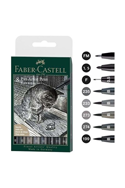 Faber Castell Faber-Castell Pitt Artist Pen Brush Tips 8 Pack, Gray & Black Shades
