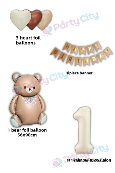 Party City 1 Year Old Big Bear Balloon Themed Birthday Celebration Set with Bow Tie - Heart Balloon-Happy Birthday