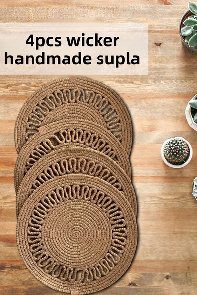 Evrimax 4 τμχ Ψάθινη γιούτα Χειροποίητη Κεντημένη Πλένεται Φυσικό Τραπέζι Ame...