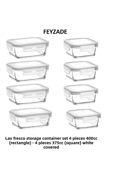LAV طقم حاوية تخزين Feyzade Fresco 4 قطع 400 سم مكعب (مستطيل) و4 قطع 375 سم مكعب (مربع)