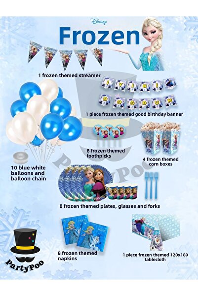 PartyPoo Σετ γενεθλίων Frozen Elsa Mega - 8 Άτομα |   Προμήθειες για πάρτι με θέμα την Elsa & Anna