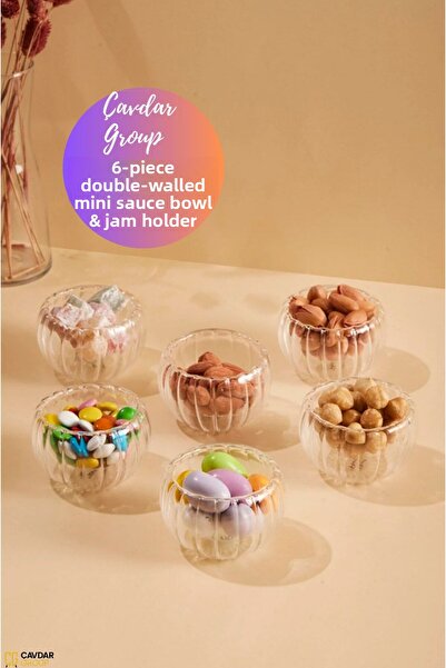 Çavdar Group 6 قطع وعاء صلصة مخطط مزدوج الجدار ووعاء مربى 6 قطع وعاء زجاجي صغير دراجيليك وعاء تركي
