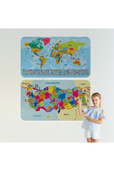 Harita Sepeti Turkish World and Turkey Map Educational Country Flag Children's Room Teenager's Room Wall Sticker-3882B