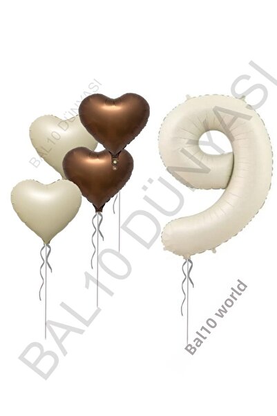 BAL10 DÜNYASI Beige Number and Heart Foil Balloon Set Age 9