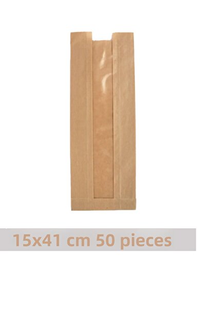 OLİ Art 15x41cm Kraft Paper Bag with Window - 50 Pieces Side Gusset Packaging Gift Package