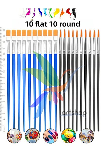 Artshop 20 Pieces Brush 10 PIECES FLAT + 10 PIECES ROUND TIP