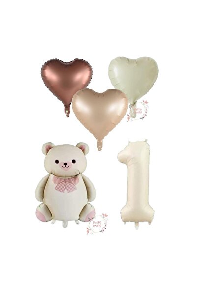 BAL10 DÜNYASI Bal10 Cream Color Number Teddy Bear and Heart Foil Balloon Set ...
