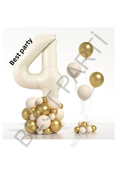 BEST PARTİ DOĞUM GÜNÜ PARTİ SÜSLERİ Beige Number Foil and Chrome Pastel Ballo...