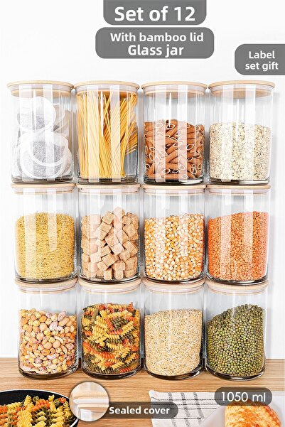 Meleni Home 12-Piece Bamboo Lid Glass Storage Container - Vacuum Lid with Labels Pulses Ration Glass Jar Set 1050 ml