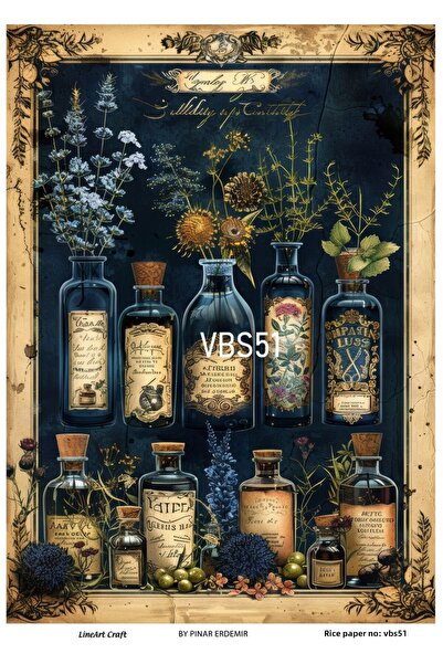 LİNEART Vbs54 Model Navy Blue Series - Brass Decopage with Blue Flower and Po...