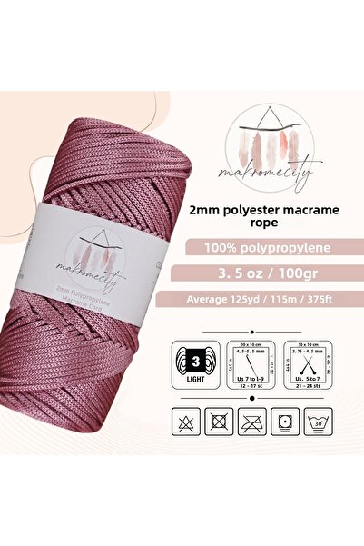 Makromecity Premium 100 Gr Πολυεστερικό Μακραμέ Σχοινί Dusty Rose 2mm - 120 M Σχοινί φορτιστή και κλωστή τσάντας
