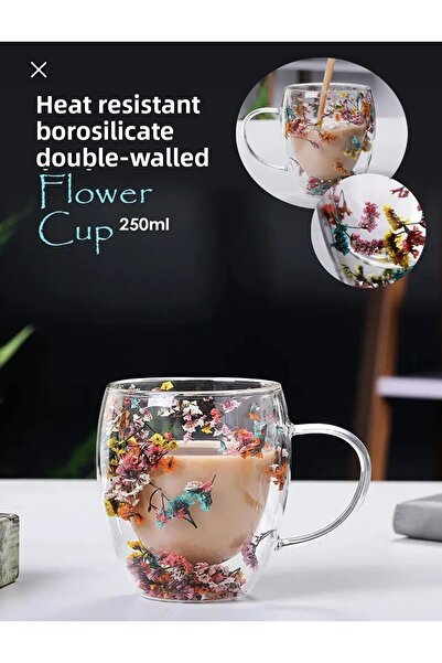 MİMOZA PARK 250 ml Heat Resistant - Double Walled Floral Borosilicate Cup |   Coffee Color Presentation Cup