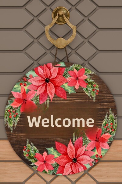Rugmood Ornament de ușă de bun venit cu flori din lemn cu imprimare digitală ...