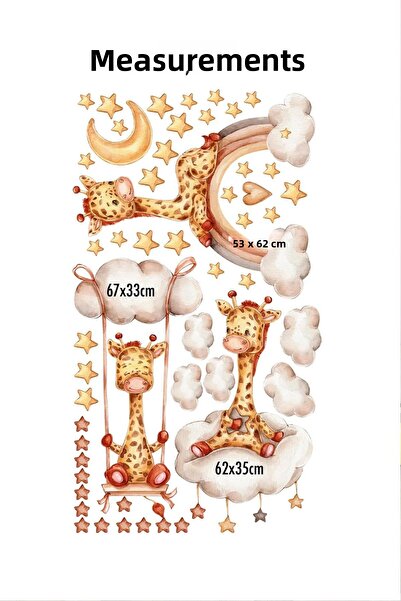 PANDA SOKAĞI Triple Cute Giraffes Stars and Clouds Kids Room Wall Sticker Set