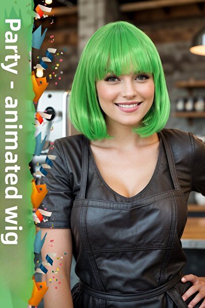 KONAK PERUK Perucă sintetică din fibră cu breton în negru verde neon - pentru...