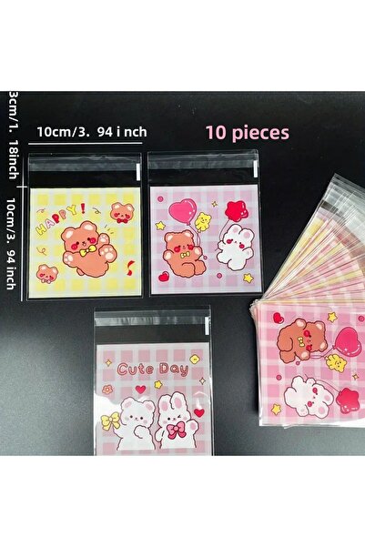 PABALAS 10 قطع من أكياس الحلوى والبسكويت ذاتية اللصق بتصميم نمط أرنب ودب لطيف