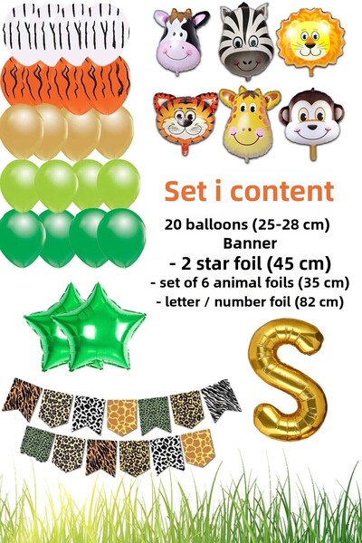 Patladı Gitti مجموعة احتفالات حفلات أعياد الميلاد بأحرف S من Safari Concept؛ رقائق الحروف والنجوم، لافتة وسلسلة البالونات