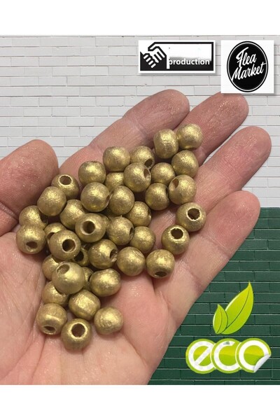 Flea Market Икономичен пакет 1 килограм 10 мм дървени мъниста - ЗЛАТНИ - (Сре...