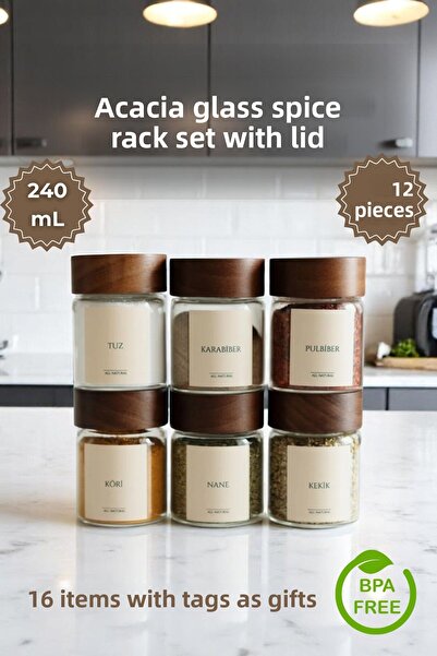 Sevinse Home Set of 12 Acacia Lid Glass Spice Shakers / 16 Tags Gift / 240ml