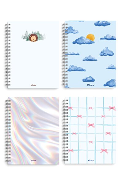 Miona Caiet școlar A5 spiralat 80 de coli Set de 4 - 2 carouri, 2 linii -