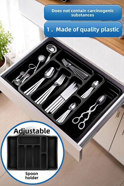 GLASWEN Black Adjustable Double Sided Drawer Extendable Cutlery Holder Cutler...