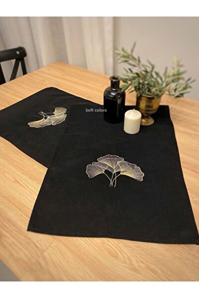 Soft Colours Velvet Textured Gingko Embroidered Decorative Black Runner 40x14...