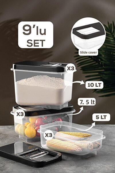 Meleni Home 9-Piece Pulses Storage Container - Food Storage Container with Sliding Lid Flour Container Anthracite 3x(5 Lt-7.5 Lt-10 Lt)