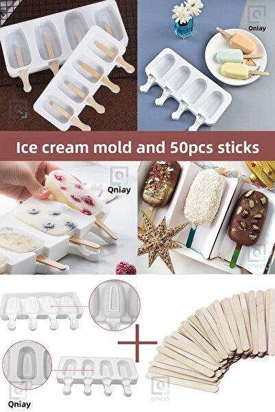 QNİAY Magnum Model Silicone Ice Cream Mold - 4 Pieces and 50 Wooden Sticks Gift
