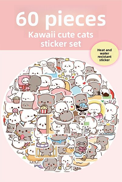 Piksel Grafik Set de 60 de autocolante Anime Cats - Rezistent la apă, Caiet de telefon pentru laptop planificator
