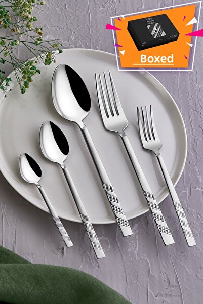 Kısmet Zagori 30 Piece Boxed Patterned 6 Person Steel Flat Fork Spoon Set Set