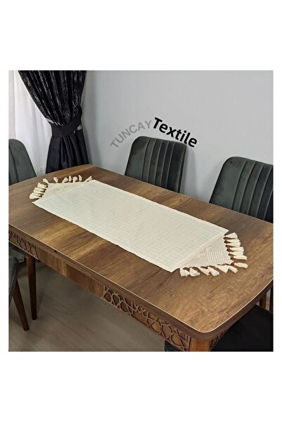 TUNCAY TEKSTİL Hand Lace Tasseled Runner Ranir Cover Buldan Work Monika Linen Coffee Table Table Top Cloth Fireplace 45x200