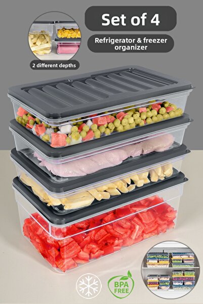Meleni Home Microwave Compatible Organizer Set of 4 - Food and Food Storage, Deep and Shallow Anthracite