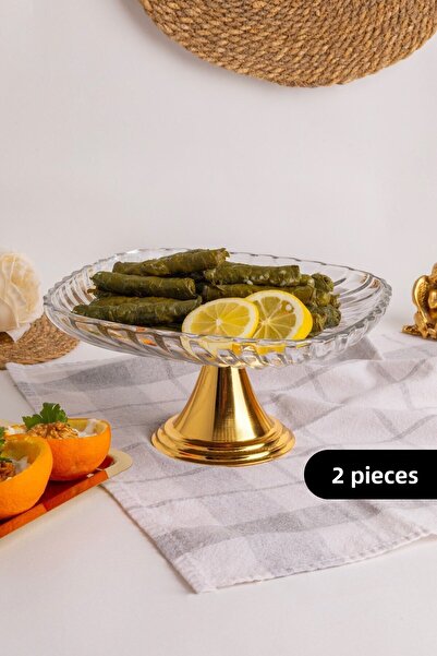 Fiyakalı Ürünler Atölyesi 2-Piece Gold Footed Square Glass Serving Bowl, Wrapping, Stuffing, Salad, Fruit, and Cake Stand, Dowry Bowl