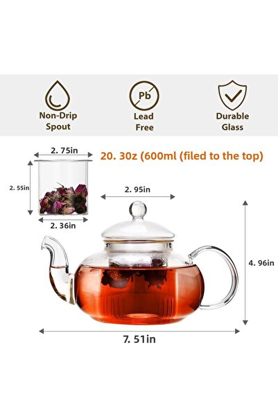 Generic Tea kettle with glass burner and detachable infuser 600ml (20.3 oz) leaf tea and flower tea maker