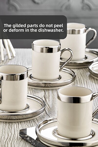 grimorlife Silver Gilded 6-Person Porcelain Cup Set 12 Pieces Turkish Coffee Set Coffee Cup 100 ml