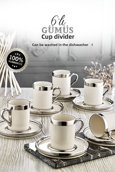 grimorlife Silver Gilded 6-Person Porcelain Cup Set 12 Pieces Turkish Coffee Set Coffee Cup 100 ml