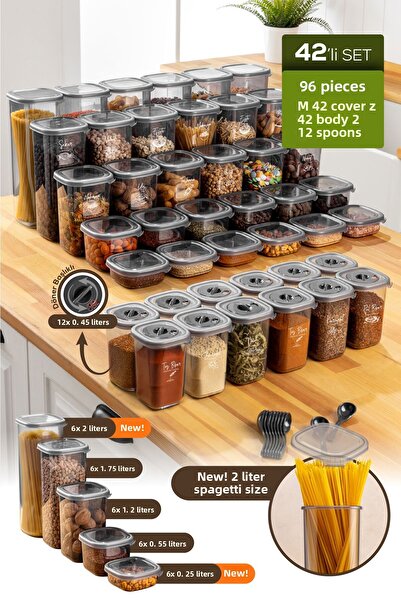 Vienev 42-Piece Anthracite Airtight Food and Spice Storage Container - Label with Spoon and Swivel Lid