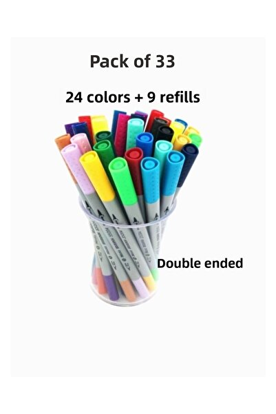 Masis Double Ended Brush Pen Fineliner and Brush Tip - Set of 33 with Pen Holder
