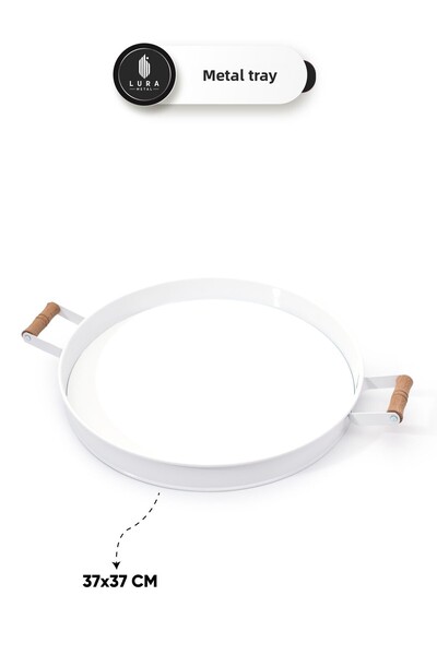 Skygo Set of 2 White Wooden Handles Metal Tea and Coffee Presentation Tray - 37 cm