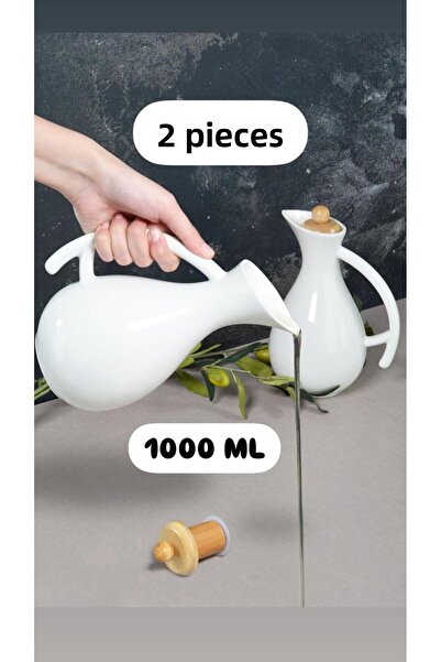 Bayev Fiona 1000ml 2-Piece Porcelain Oil Sheet Set - XL Bamboo Lid Vinegar Set