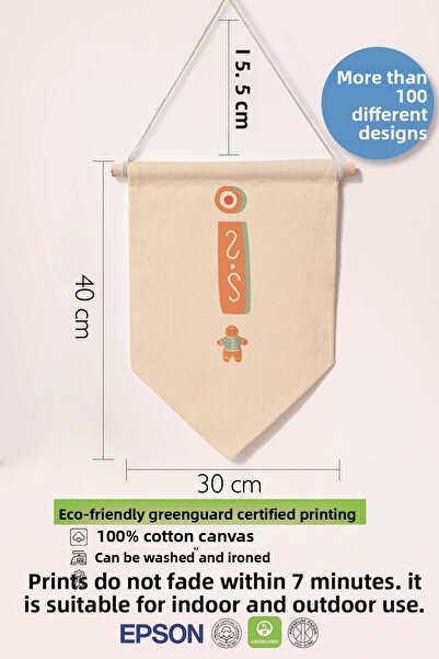 Postifull Children's Room Decor, Wall Ornament, Wooden Baby Room Decor, Canvas Pennant, Orange Cookie Pattern I Har