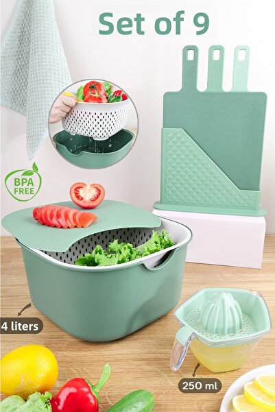 Meleni Home 9 Pieces Green Kitchen Set - Cutting Board with Mixing Bowl, Strainer and Stand