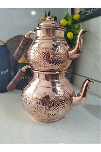 Zenlife إبريق شاي أصلي بمقبض خشبي كبير الحجم من النحاس 4 قطع